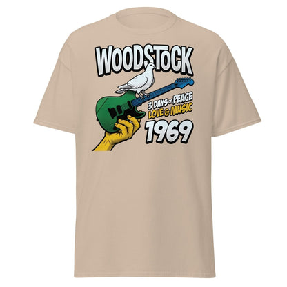 Woodstock 1969 Peace Love Music Dove Guitar T-Shirt - Sand - TeeRipple