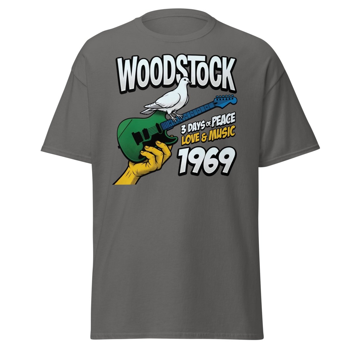 Woodstock 1969 Peace Love Music Dove Guitar T-Shirt - Charcoal - TeeRipple