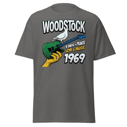 Woodstock 1969 Peace Love Music Dove Guitar T-Shirt - Charcoal - TeeRipple