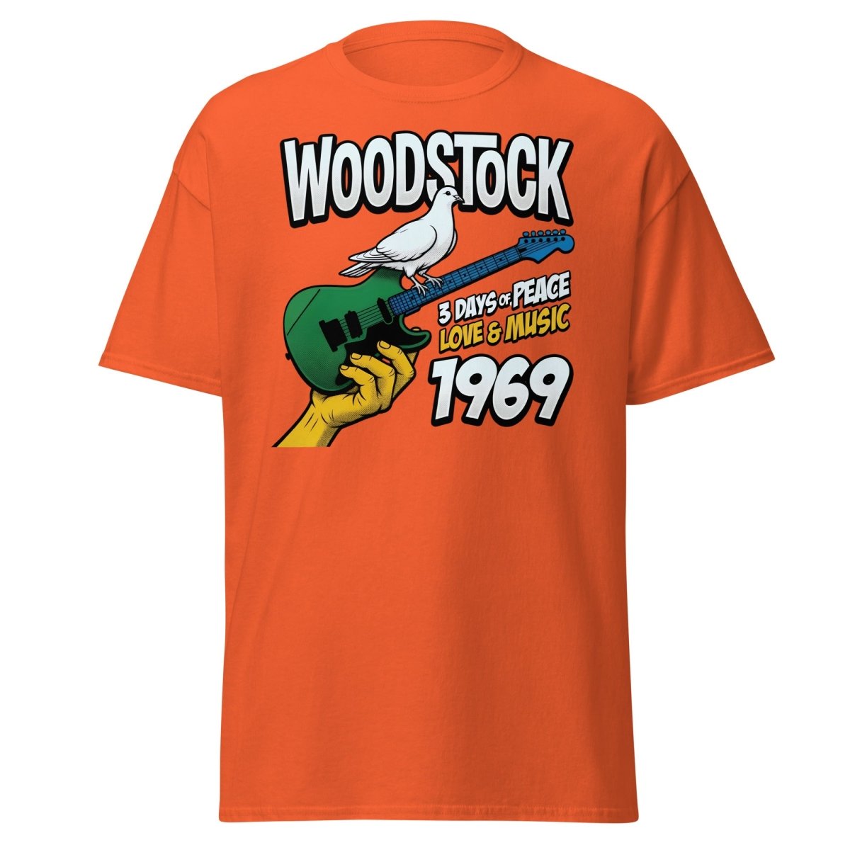 Woodstock 1969 Peace Love Music Dove Guitar T-Shirt - Orange - TeeRipple