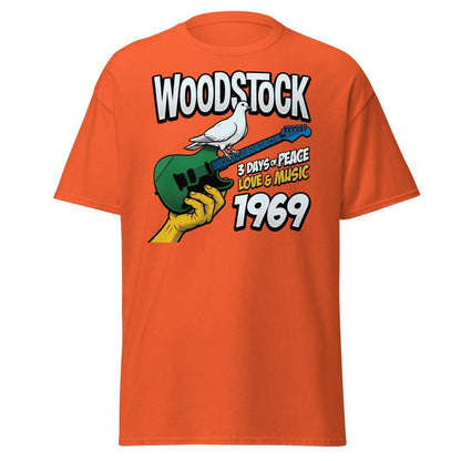 Woodstock 1969 Peace Love Music Dove Guitar T-Shirt - Orange - TeeRipple