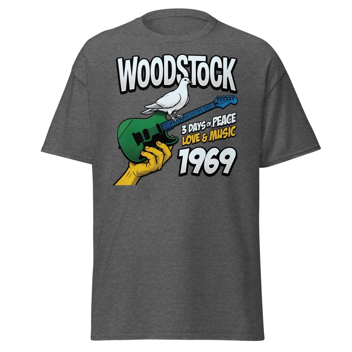 Woodstock 1969 Peace Love Music Dove Guitar T-Shirt - Dark Heather - TeeRipple
