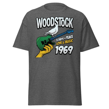Woodstock 1969 Peace Love Music Dove Guitar T-Shirt - Dark Heather - TeeRipple