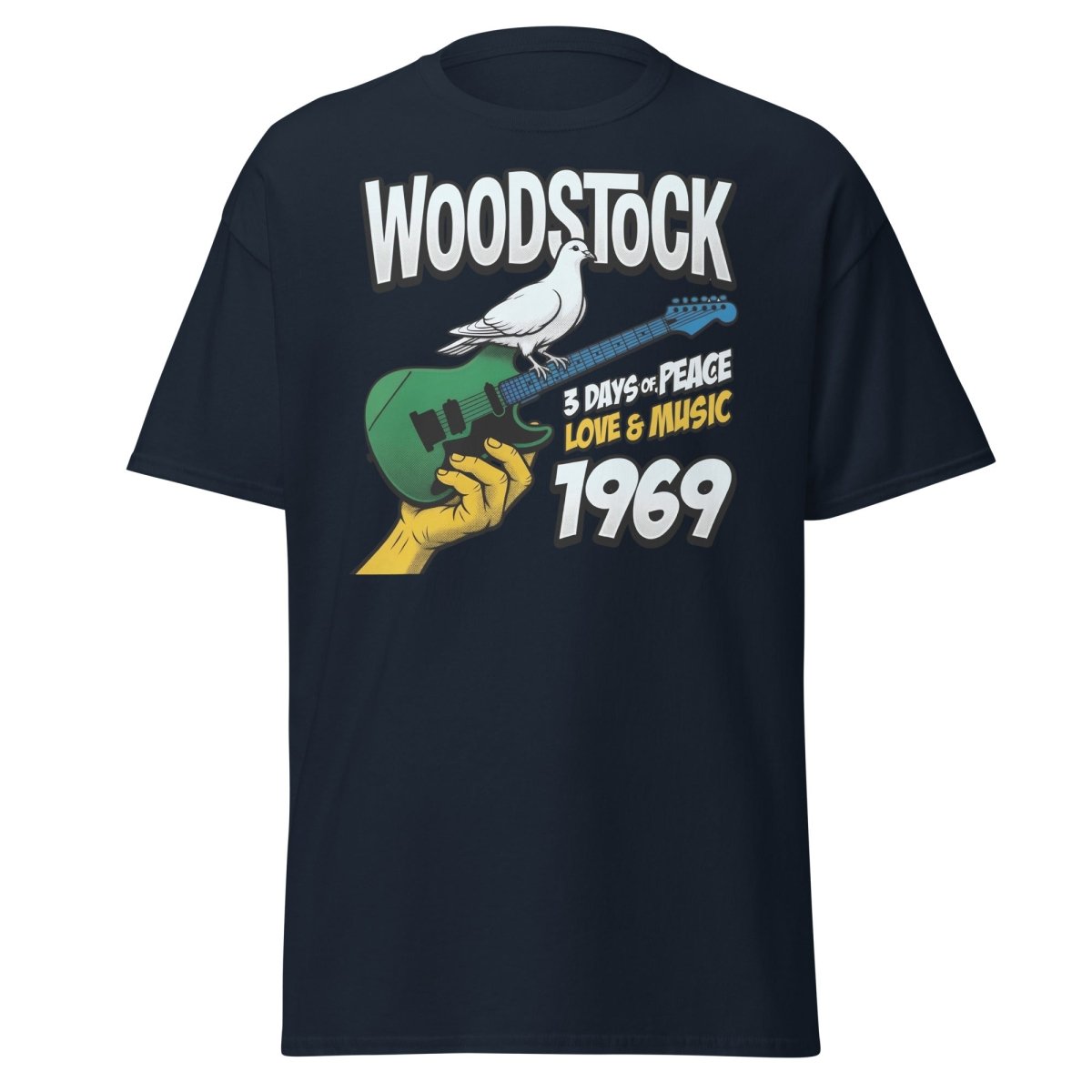 Woodstock 1969 Peace Love Music Dove Guitar T-Shirt - Navy - TeeRipple