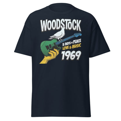 Woodstock 1969 Peace Love Music Dove Guitar T-Shirt - Navy - TeeRipple