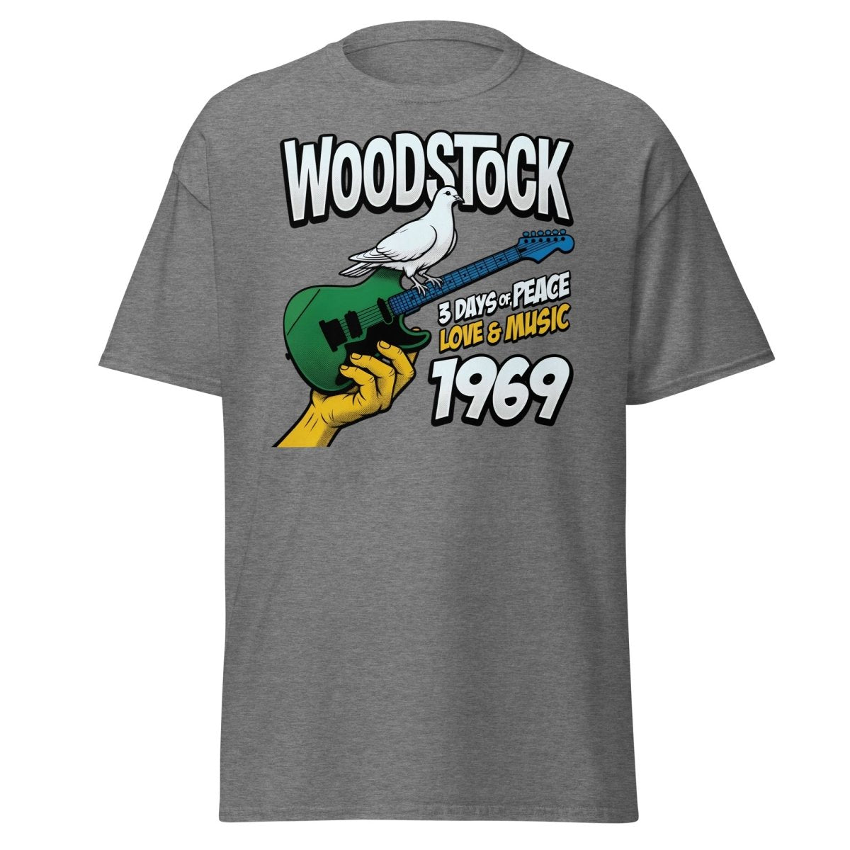 Woodstock 1969 Peace Love Music Dove Guitar T-Shirt - Graphite Heather - TeeRipple