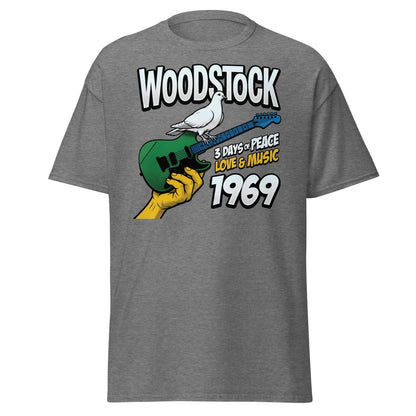 Woodstock 1969 Peace Love Music Dove Guitar T-Shirt - Graphite Heather - TeeRipple
