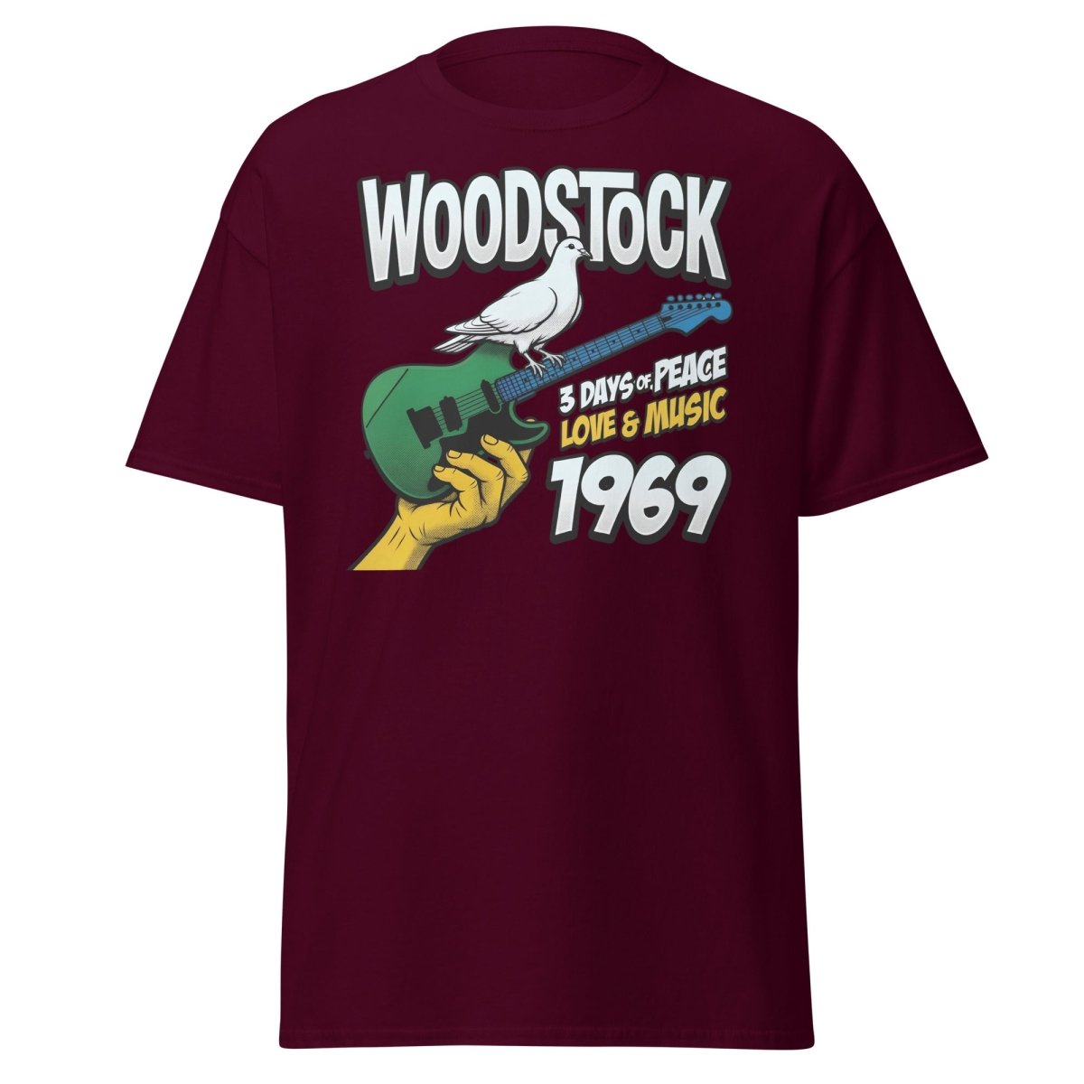 Woodstock 1969 Peace Love Music Dove Guitar T-Shirt - Maroon - TeeRipple