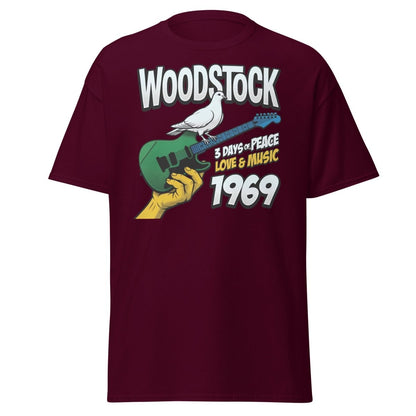 Woodstock 1969 Peace Love Music Dove Guitar T-Shirt - Maroon - TeeRipple