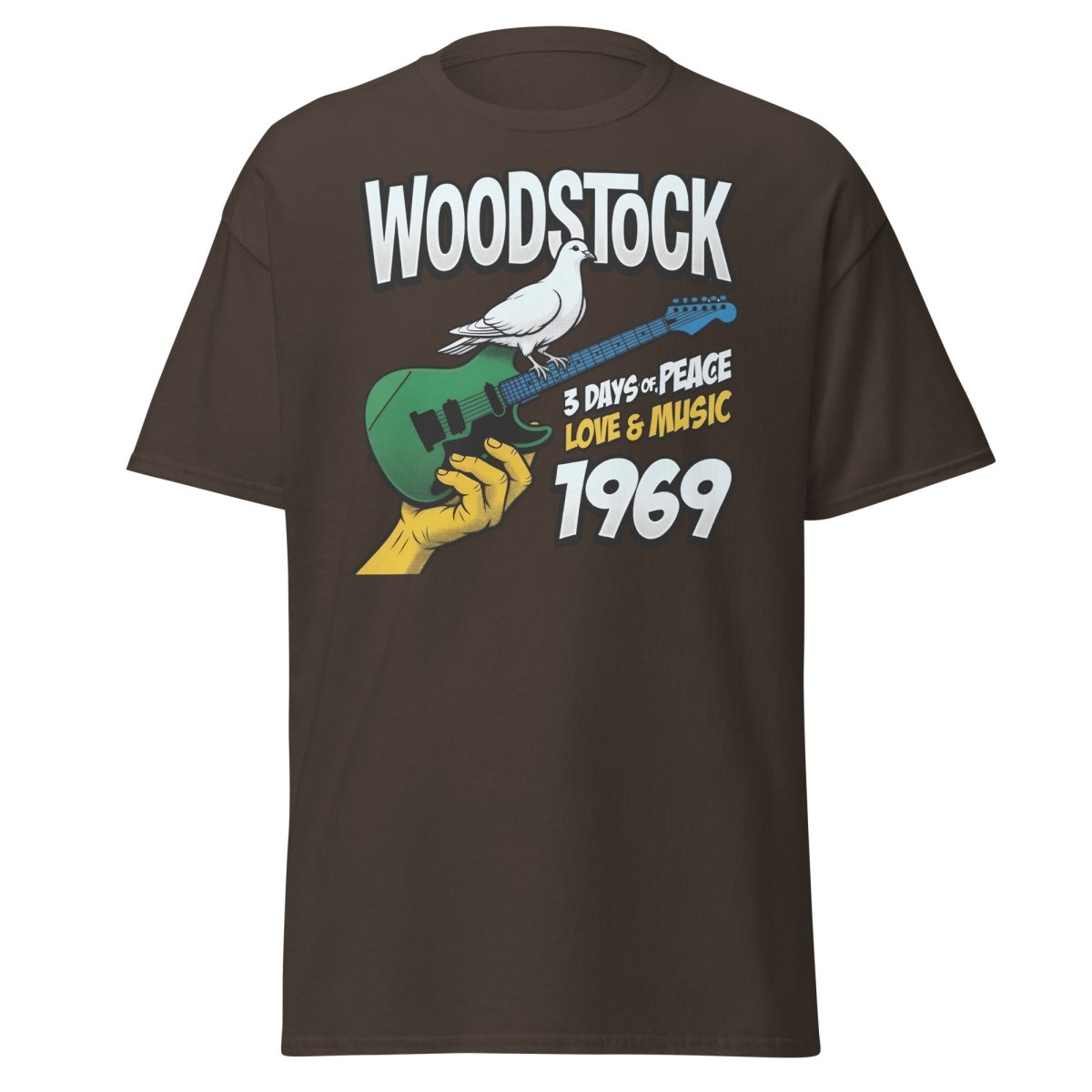 Woodstock 1969 Peace Love Music Dove Guitar T-Shirt - Dark Chocolate - TeeRipple