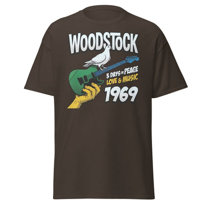 Woodstock 1969 Peace Love Music Dove Guitar T-Shirt - Dark Chocolate - TeeRipple