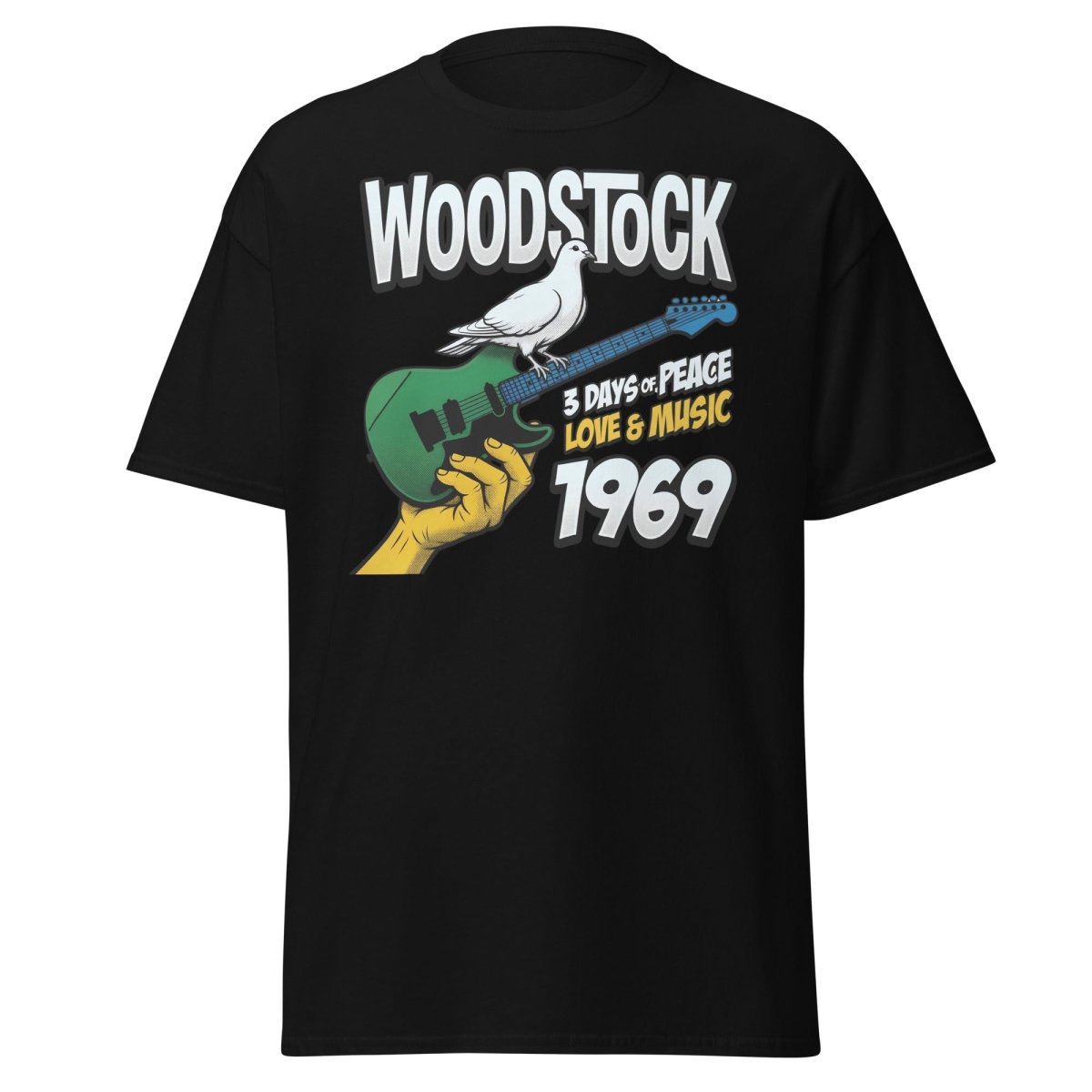 Woodstock 1969 Peace Love Music Dove Guitar T-Shirt - Black - TeeRipple
