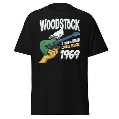 Woodstock 1969 Peace Love Music Dove Guitar T-Shirt - Black - TeeRipple