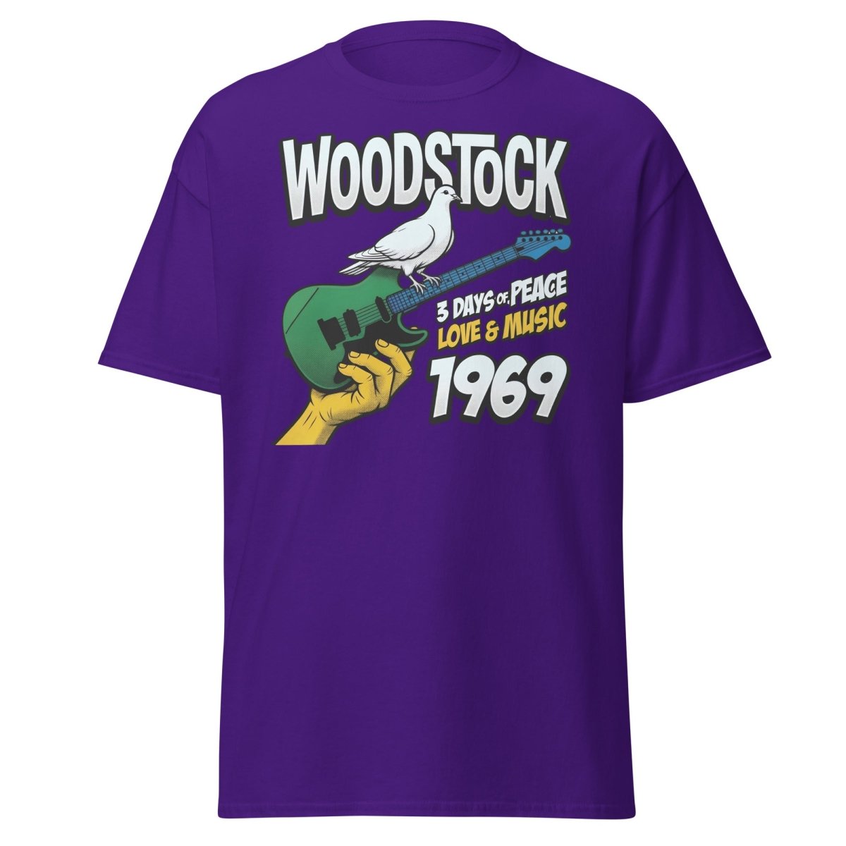 Woodstock 1969 Peace Love Music Dove Guitar T-Shirt - Purple - TeeRipple