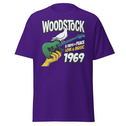 Woodstock 1969 Peace Love Music Dove Guitar T-Shirt - Purple - TeeRipple