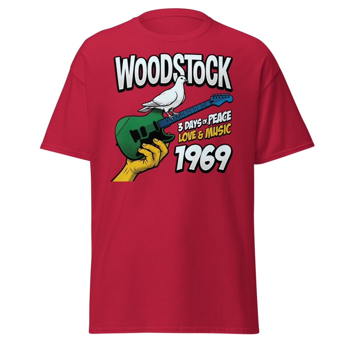Woodstock 1969 Peace Love Music Dove Guitar T-Shirt - Cardinal - TeeRipple