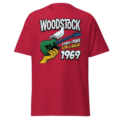 Woodstock 1969 Peace Love Music Dove Guitar T-Shirt - Cardinal - TeeRipple