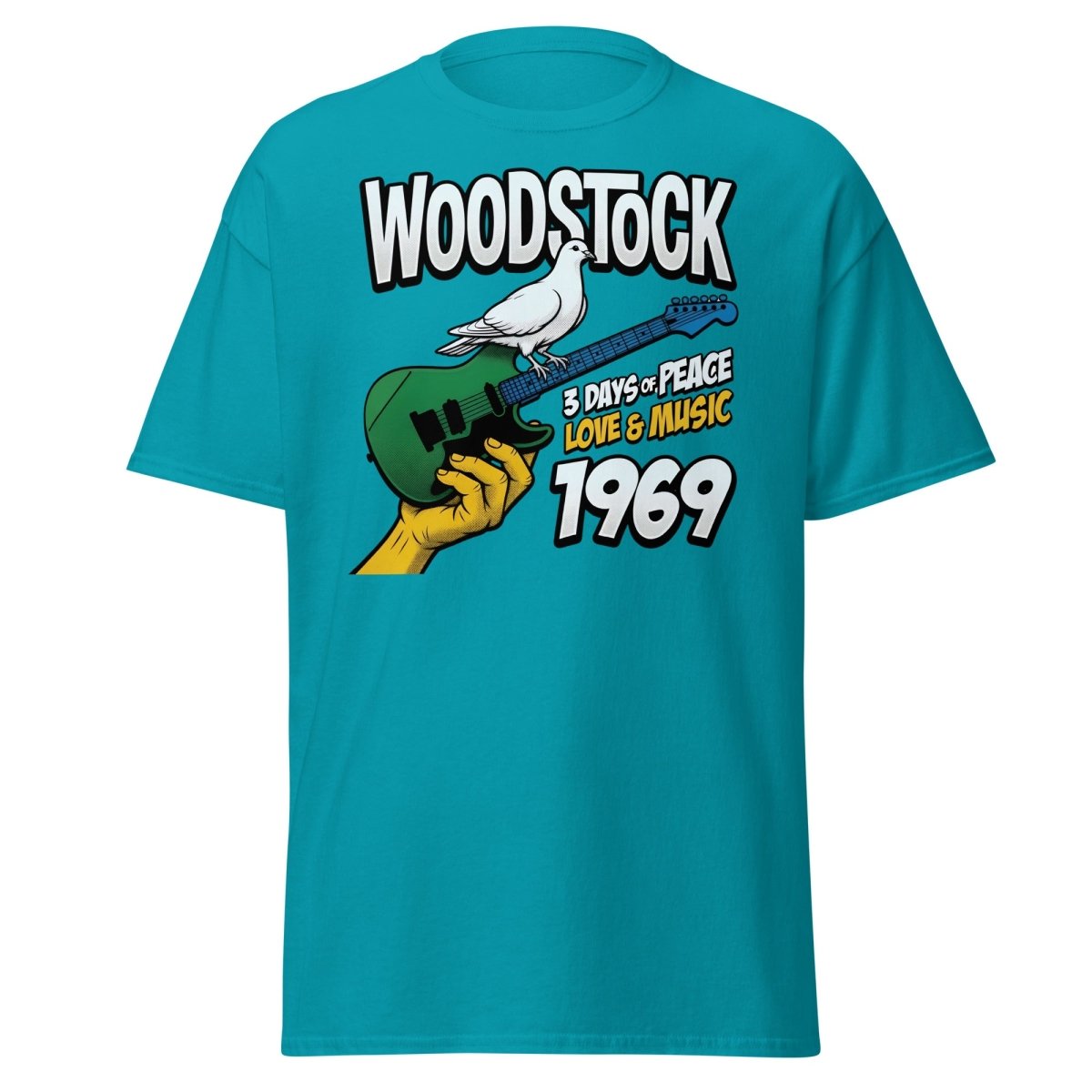 Woodstock 1969 Peace Love Music Dove Guitar T-Shirt - Tropical Blue - TeeRipple