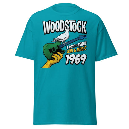 Woodstock 1969 Peace Love Music Dove Guitar T-Shirt - Tropical Blue - TeeRipple