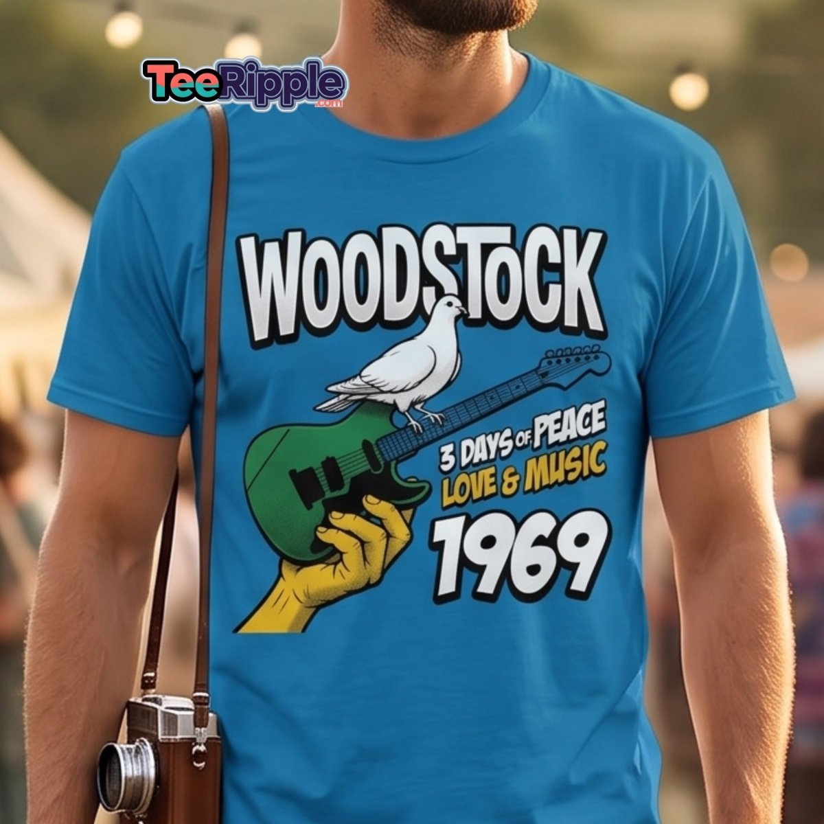 Woodstock 1969 Peace Love Music Dove Guitar T-Shirt - Maroon - TeeRipple