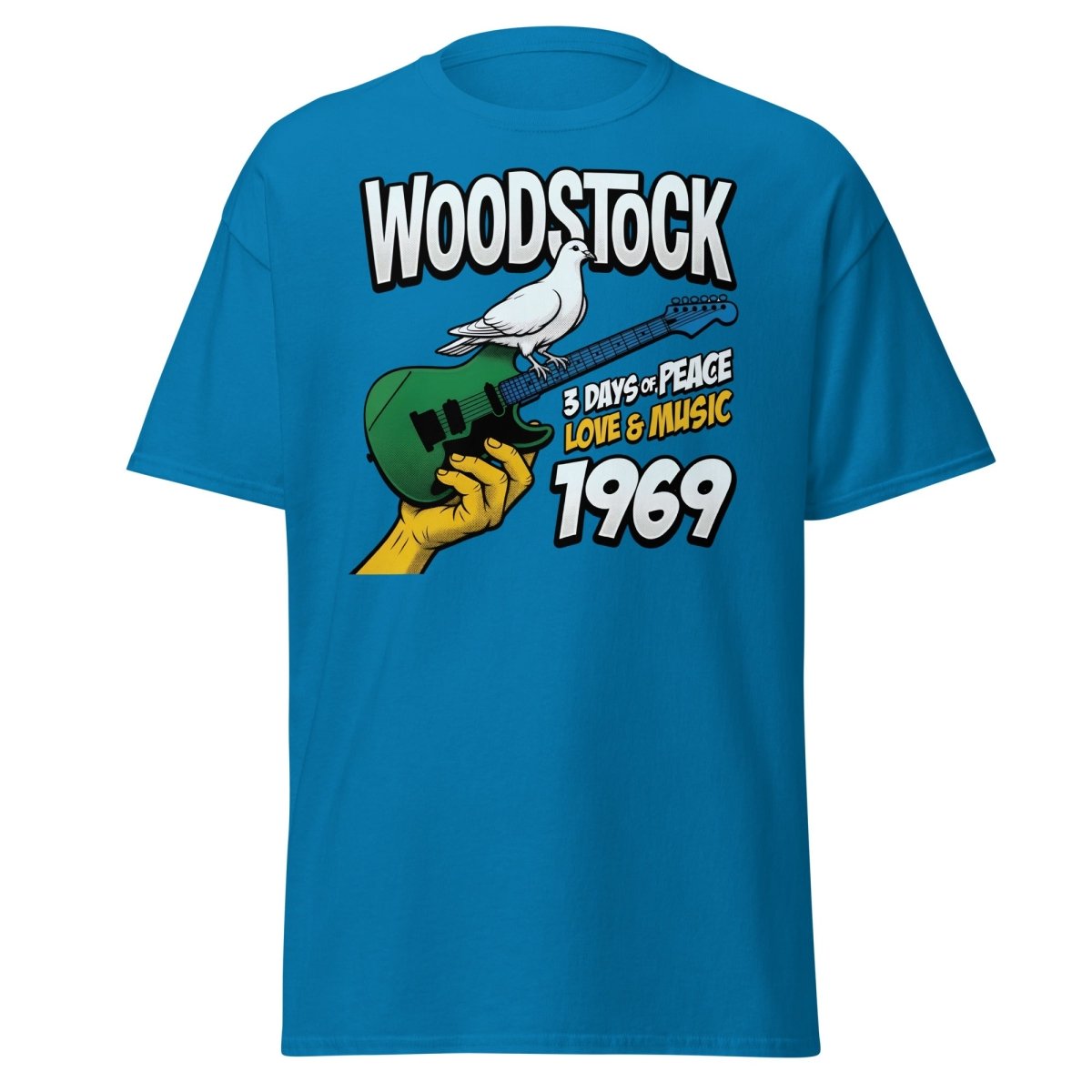 Woodstock 1969 Peace Love Music Dove Guitar T-Shirt - Sapphire - TeeRipple
