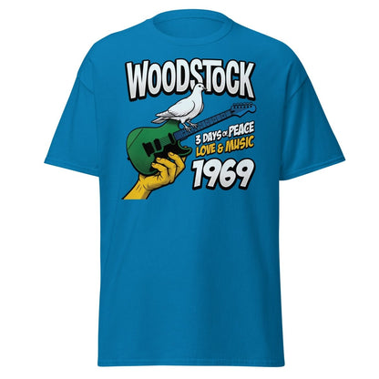 Woodstock 1969 Peace Love Music Dove Guitar T-Shirt - Sapphire - TeeRipple