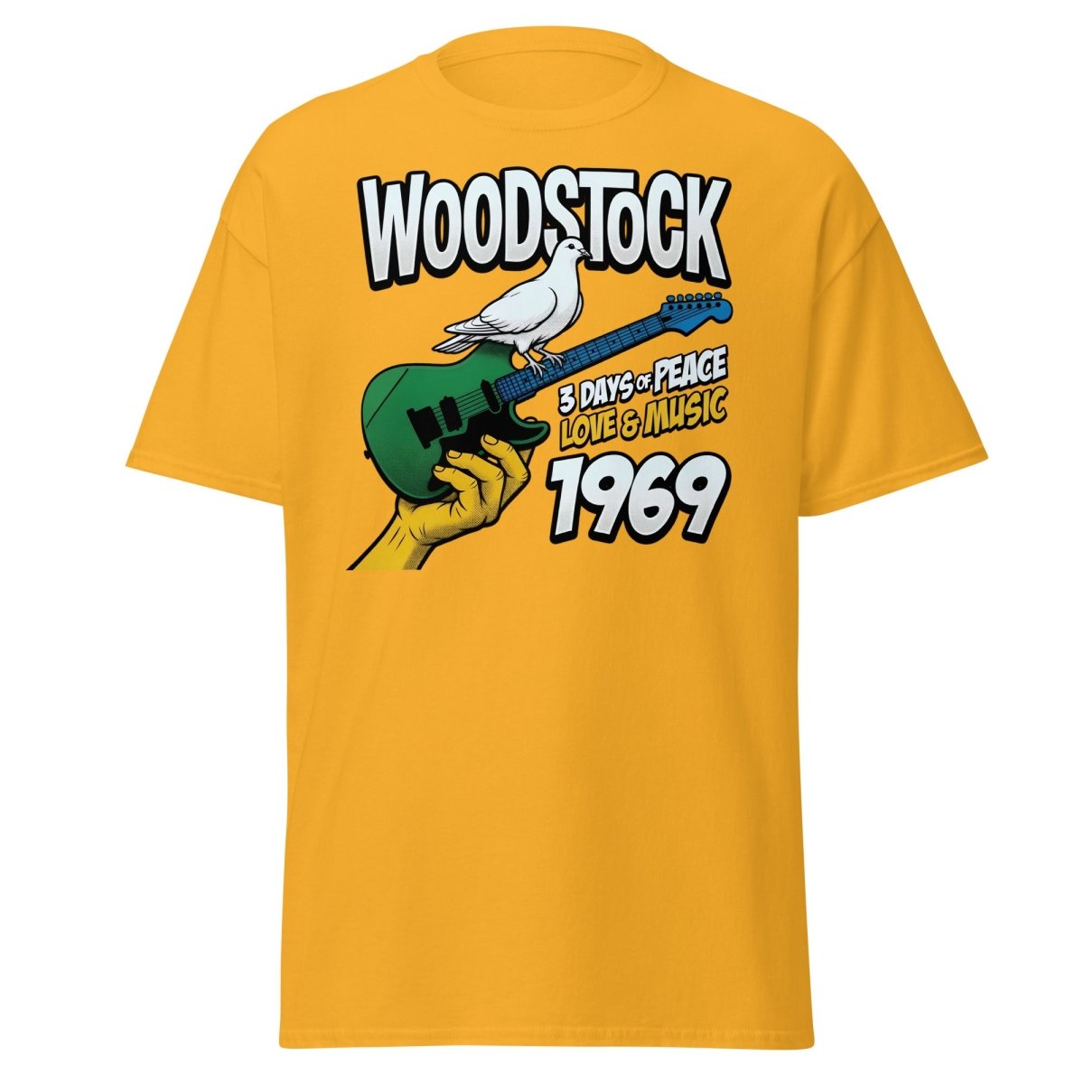 Woodstock 1969 Peace Love Music Dove Guitar T-Shirt - Gold - TeeRipple