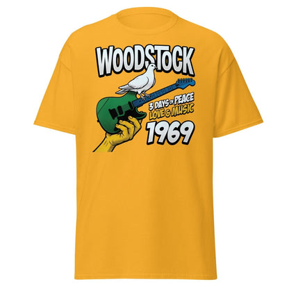Woodstock 1969 Peace Love Music Dove Guitar T-Shirt - Gold - TeeRipple