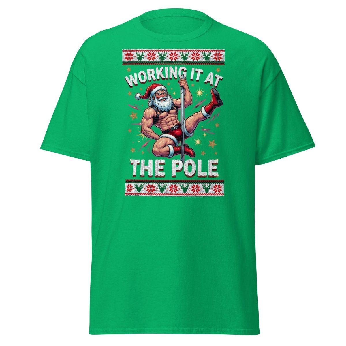 Working It At The Pole Santa T-Shirt - Funny Christmas Tee - Irish Green - TeeRipple