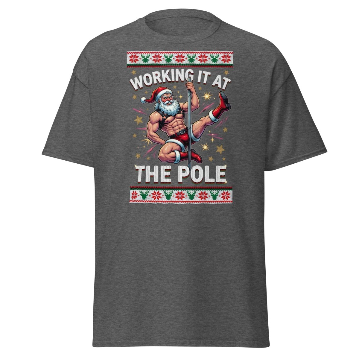 Working It At The Pole Santa T-Shirt - Funny Christmas Tee - Dark Heather - TeeRipple