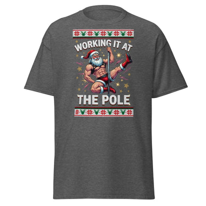 Working It At The Pole Santa T-Shirt - Funny Christmas Tee - Dark Heather - TeeRipple