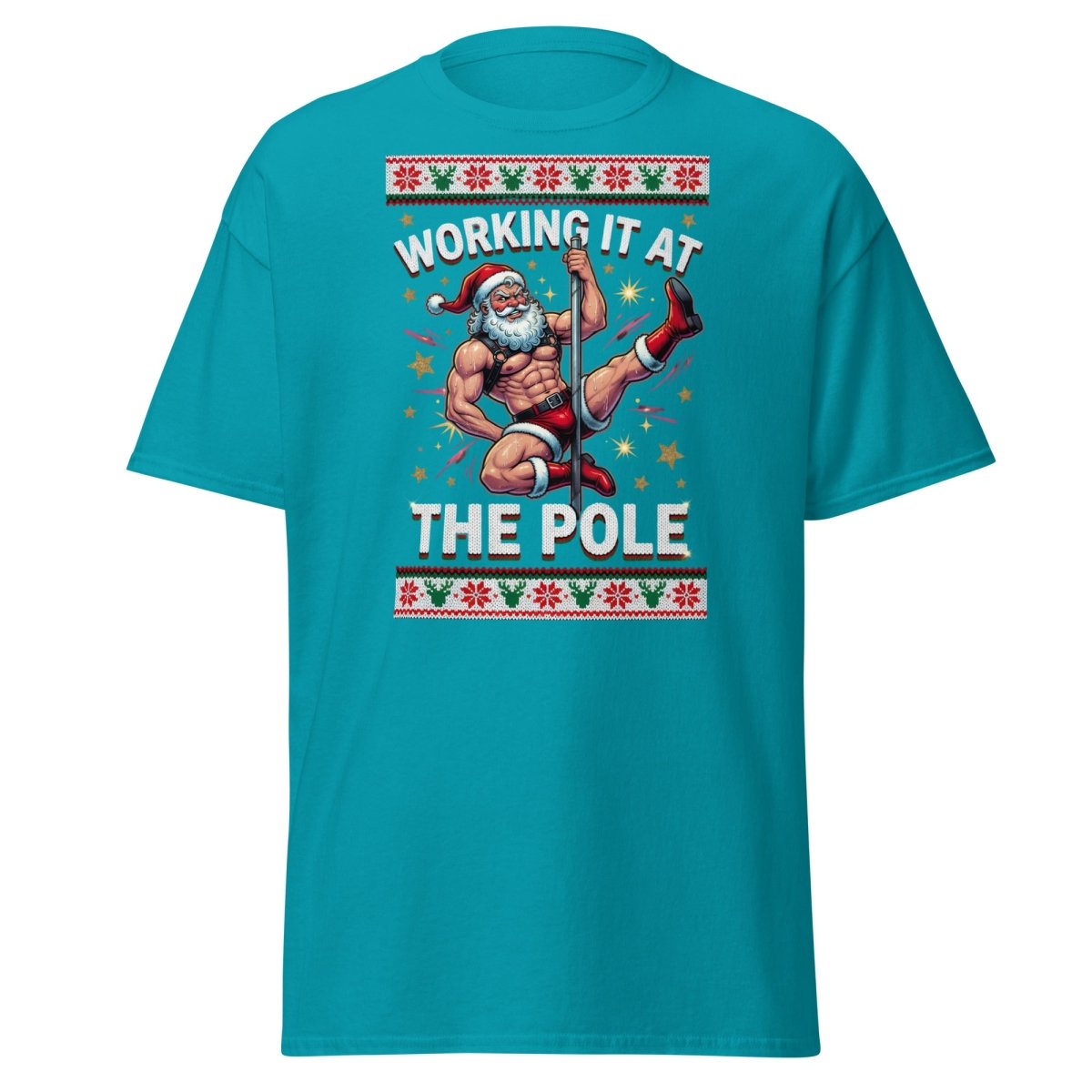 Working It At The Pole Santa T-Shirt - Funny Christmas Tee - Tropical Blue - TeeRipple