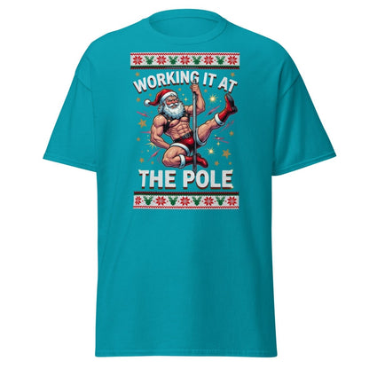 Working It At The Pole Santa T-Shirt - Funny Christmas Tee - Tropical Blue - TeeRipple