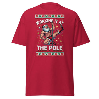 Working It At The Pole Santa T-Shirt - Funny Christmas Tee - Cardinal - TeeRipple