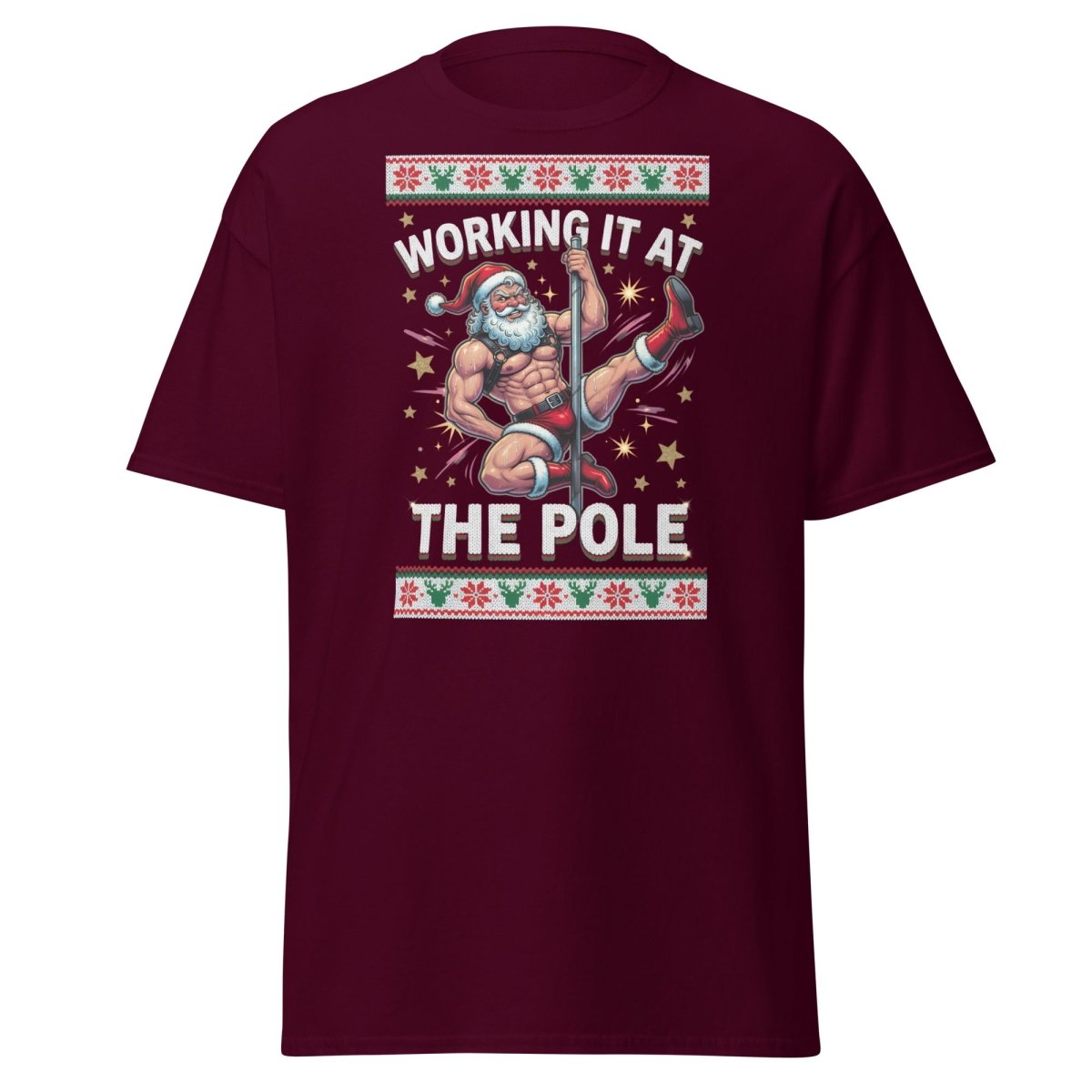 Working It At The Pole Santa T-Shirt - Funny Christmas Tee - Maroon - TeeRipple