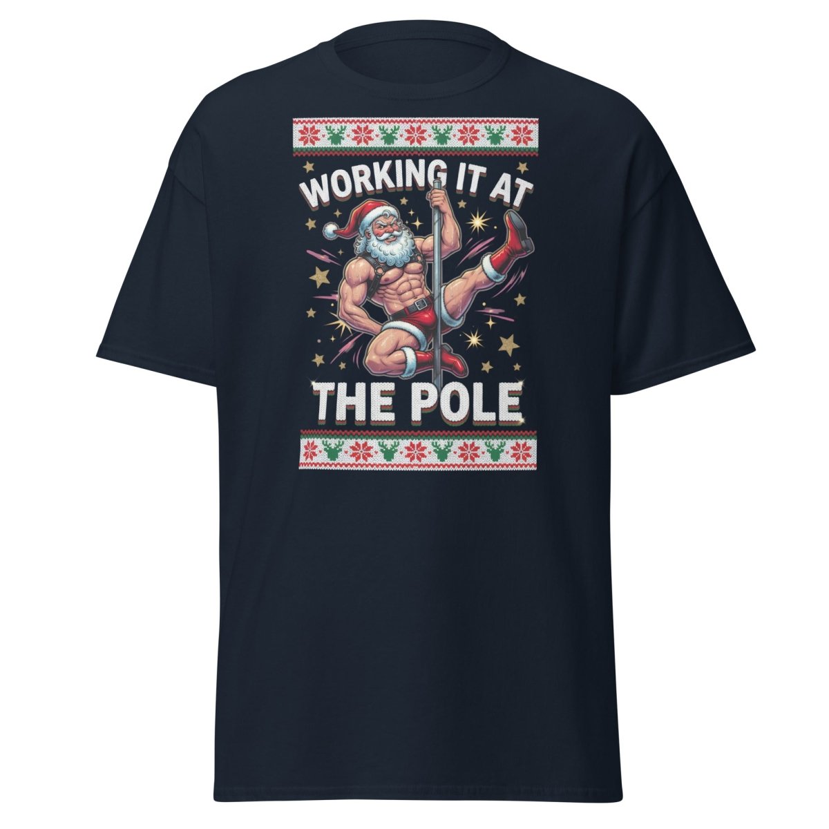 Working It At The Pole Santa T-Shirt - Funny Christmas Tee - Navy - TeeRipple