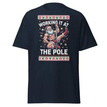 Working It At The Pole Santa T-Shirt - Funny Christmas Tee - Navy - TeeRipple