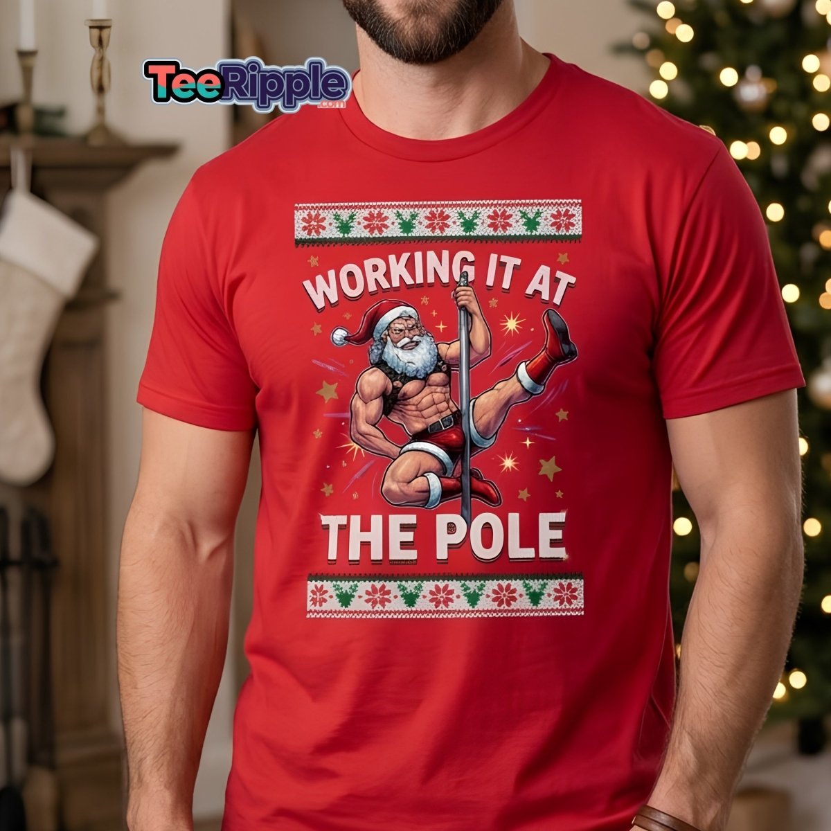 Working It At The Pole Santa T-Shirt - Funny Christmas Tee - Maroon - TeeRipple
