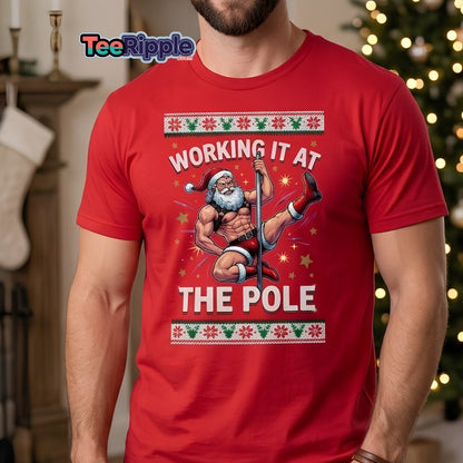 Working It At The Pole Santa T-Shirt - Funny Christmas Tee - Maroon - TeeRipple
