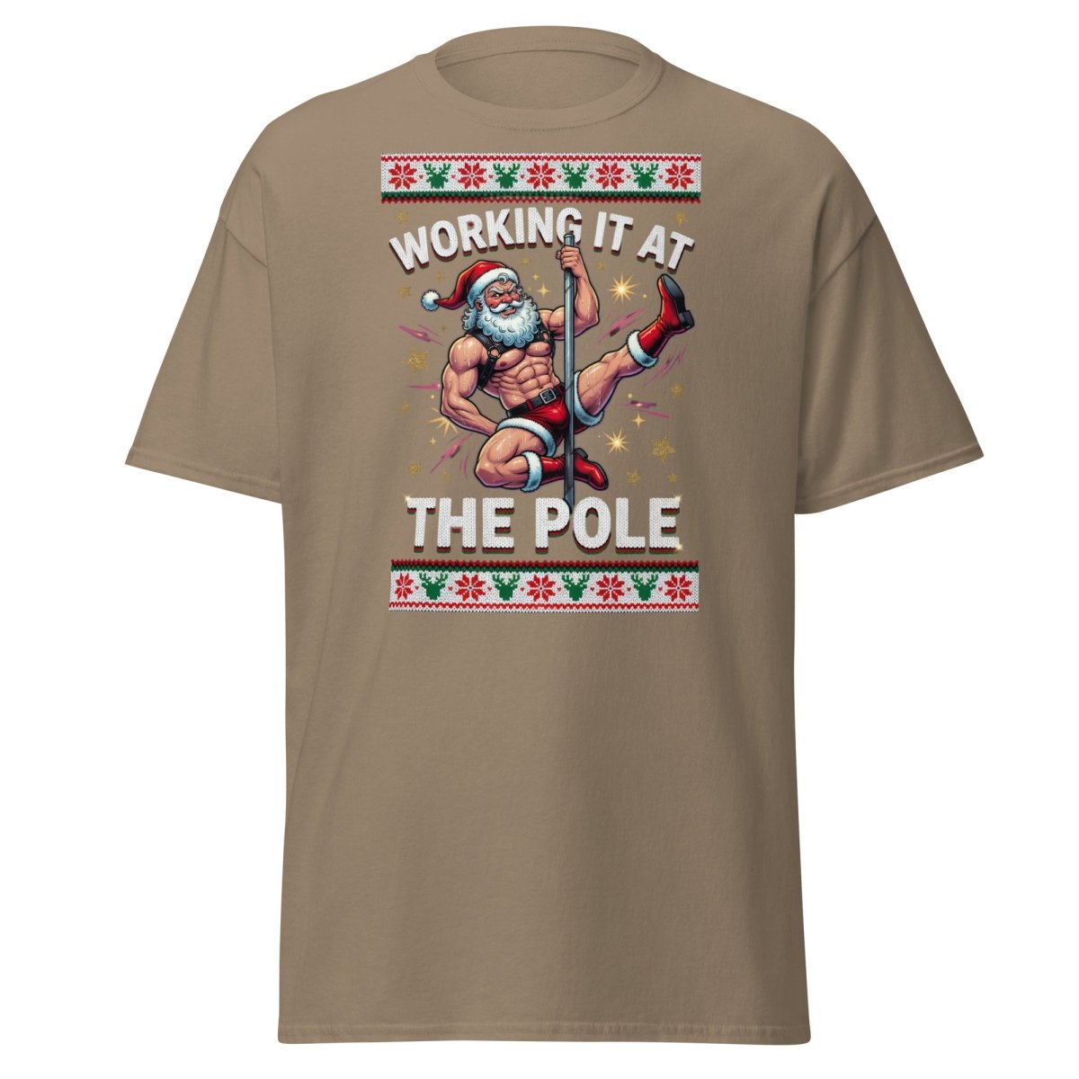 Working It At The Pole Santa T-Shirt - Funny Christmas Tee - Brown Savana - TeeRipple