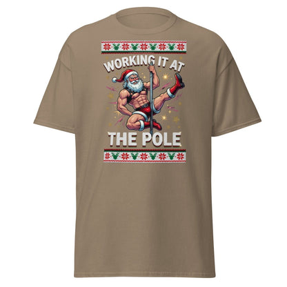 Working It At The Pole Santa T-Shirt - Funny Christmas Tee - Brown Savana - TeeRipple