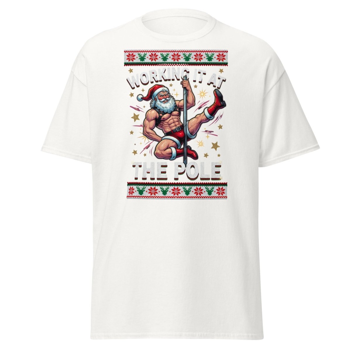 Working It At The Pole Santa T-Shirt - Funny Christmas Tee - White - TeeRipple