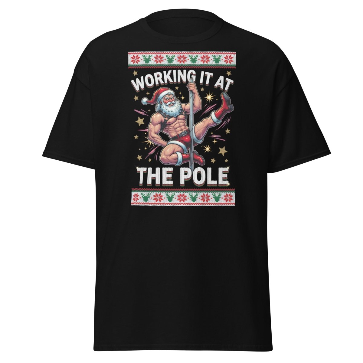 Working It At The Pole Santa T-Shirt - Funny Christmas Tee - Black - TeeRipple
