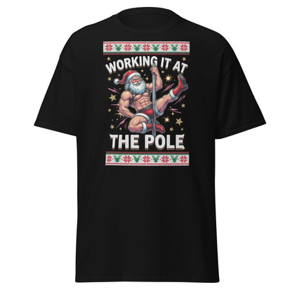 Working It At The Pole Santa T-Shirt - Funny Christmas Tee - Black - TeeRipple