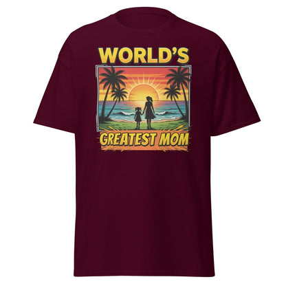 World's Greatest Mom T-Shirt - Tropical Sunset Beach Design - Maroon - TeeRipple