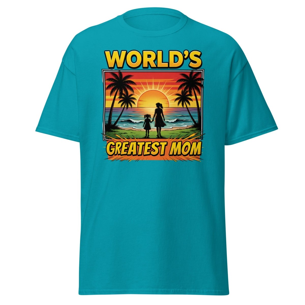 World's Greatest Mom T-Shirt - Tropical Sunset Beach Design - Tropical Blue - TeeRipple