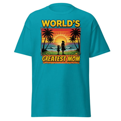 World's Greatest Mom T-Shirt - Tropical Sunset Beach Design - Tropical Blue - TeeRipple