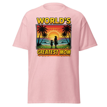 World's Greatest Mom T-Shirt - Tropical Sunset Beach Design - Light Pink - TeeRipple