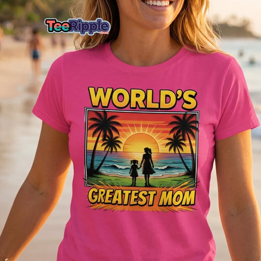 World's Greatest Mom T-Shirt - Tropical Sunset Beach Design - Maroon - TeeRipple