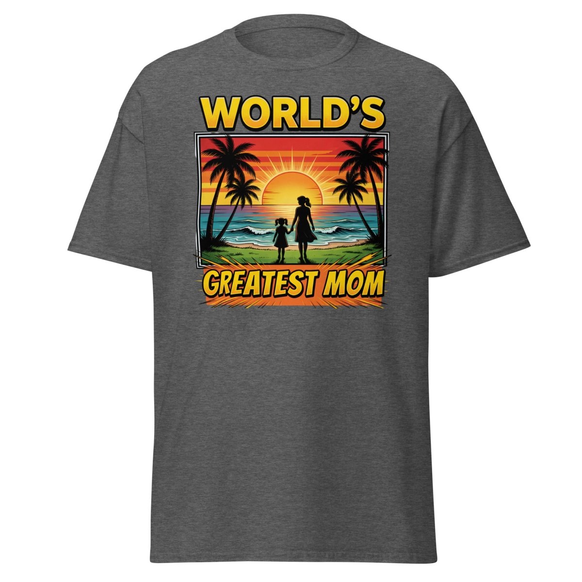 World's Greatest Mom T-Shirt - Tropical Sunset Beach Design - Dark Heather - TeeRipple